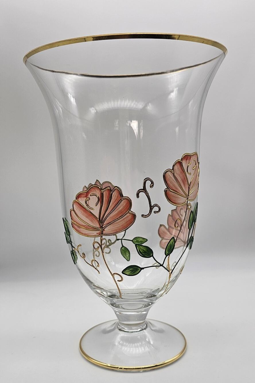 Crystal Clear Handcrafted Vase Made in Romania Floral Enamel Painted Glass